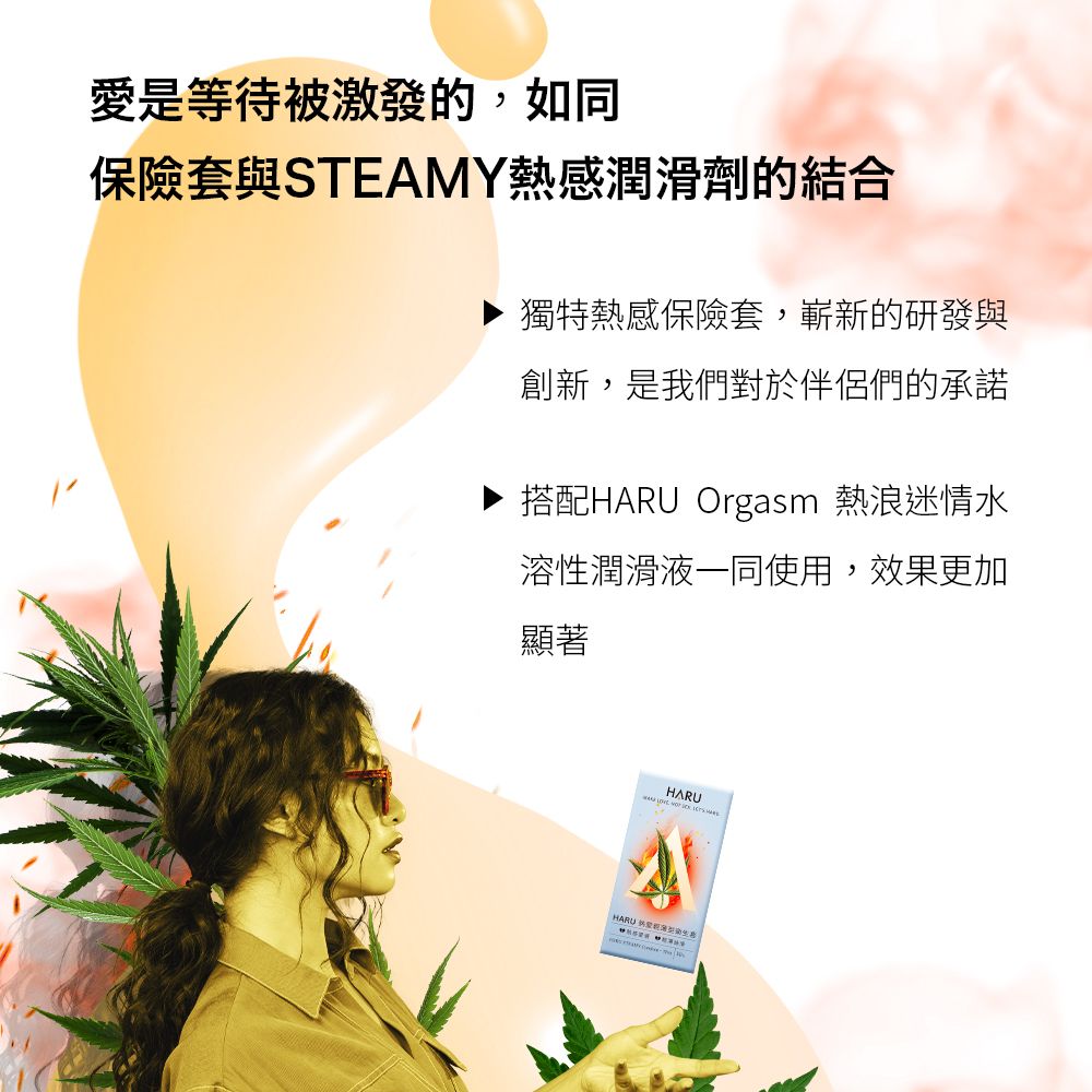 愛是等待被激發的,如同保險套與STEAMY熱感潤滑劑的結合獨特熱感保險套,嶄新的研發與創新,是我們對於伴侶們的承諾搭配 Orgasm 熱浪迷情水溶性潤滑液一同使用,效果更加顯著HARUHARU