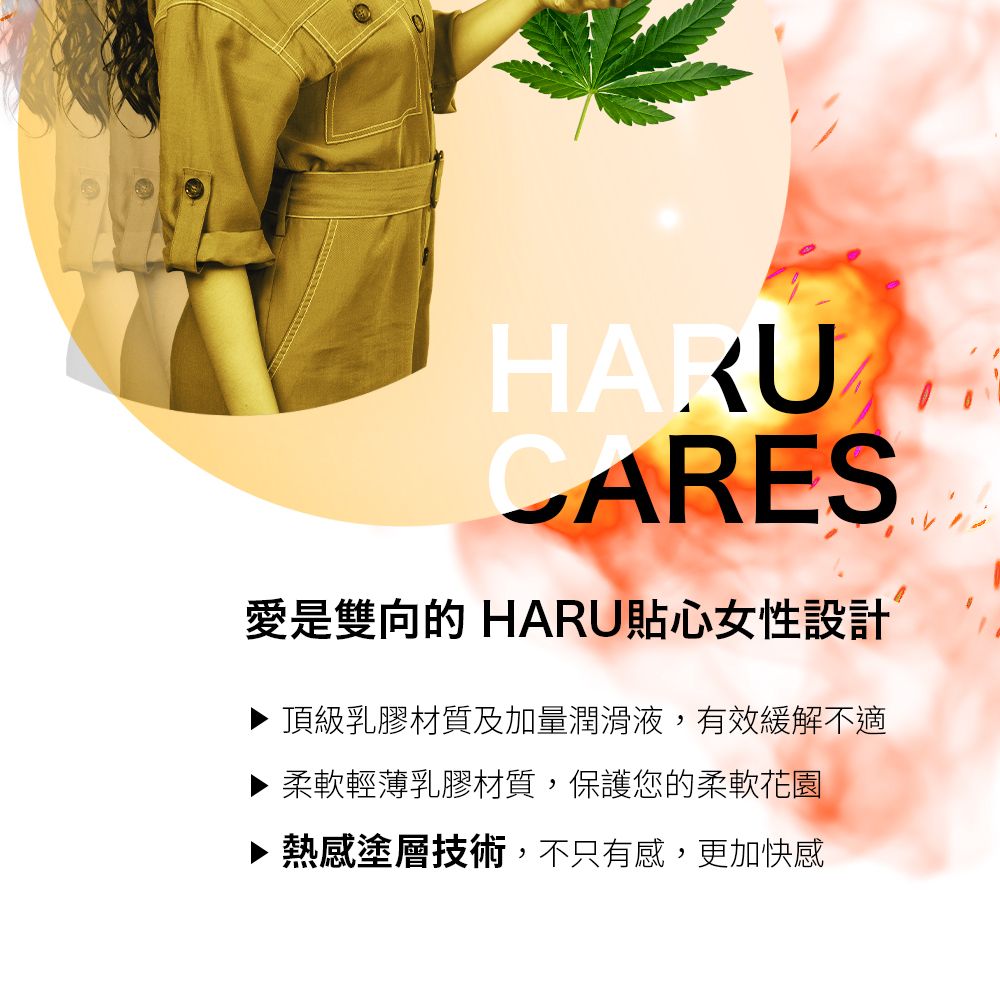 HARUCARES愛是雙向的 HARU貼心女性設計頂級乳膠材質及加量潤滑液,有效緩解不適柔軟輕薄乳膠材質,保護您的柔軟花園▶ 熱感塗層技術,不只有感,更加快感
