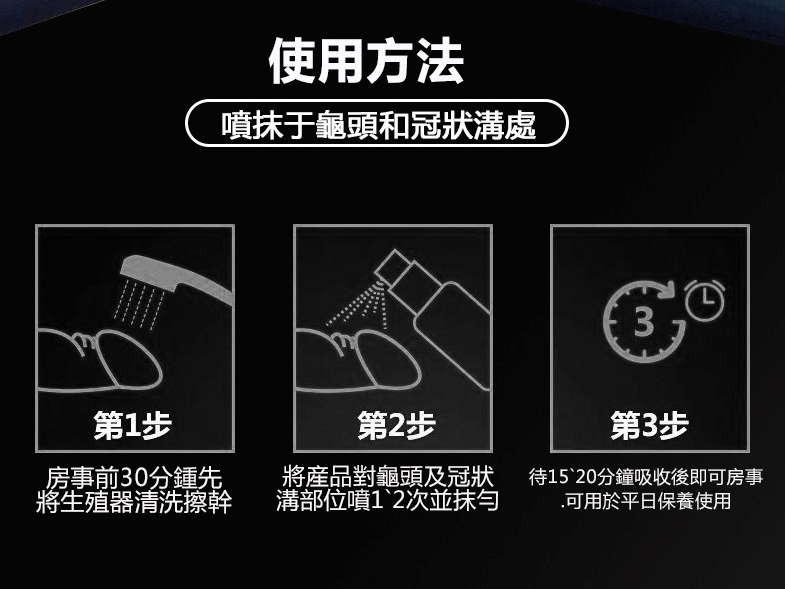 使用方法噴抹于龜頭和冠狀溝處3第3第1步房事前30先將生殖器清洗擦幹第2步將產品對龜頭及冠狀溝部位噴12次並待15`20分鐘吸收後即可房事可用於平日保養使用