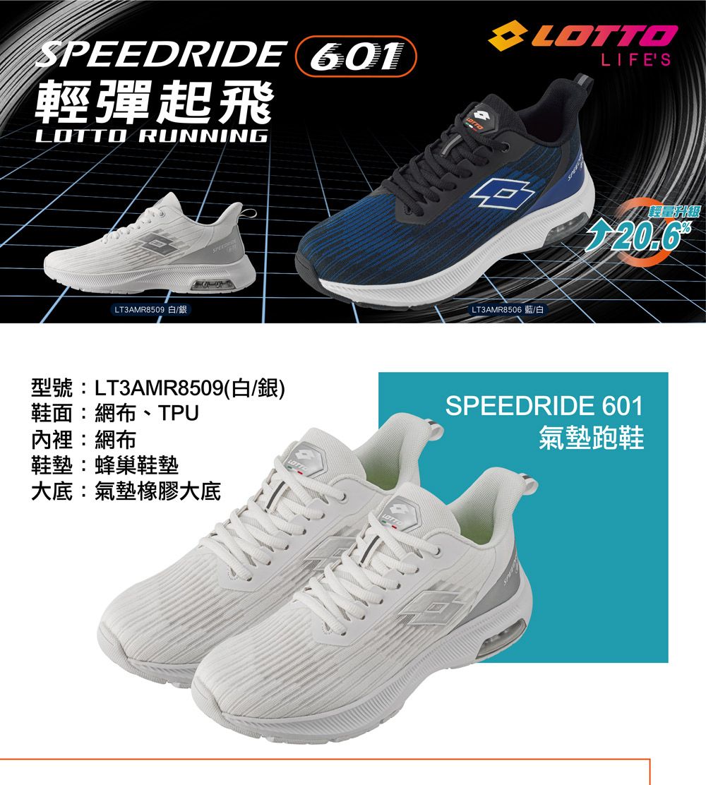 SPEEDRIDE 601輕彈起飛LOTTO RUNNINGLIFESLT3AMR8509 白/銀LT3AMR8506 藍/白型號:LT3AMR8509(白/銀)鞋面:網布、TPU內裡:網布鞋墊:蜂巢鞋墊大底:氣墊橡膠大底SPEEDRIDE 601氣墊跑鞋