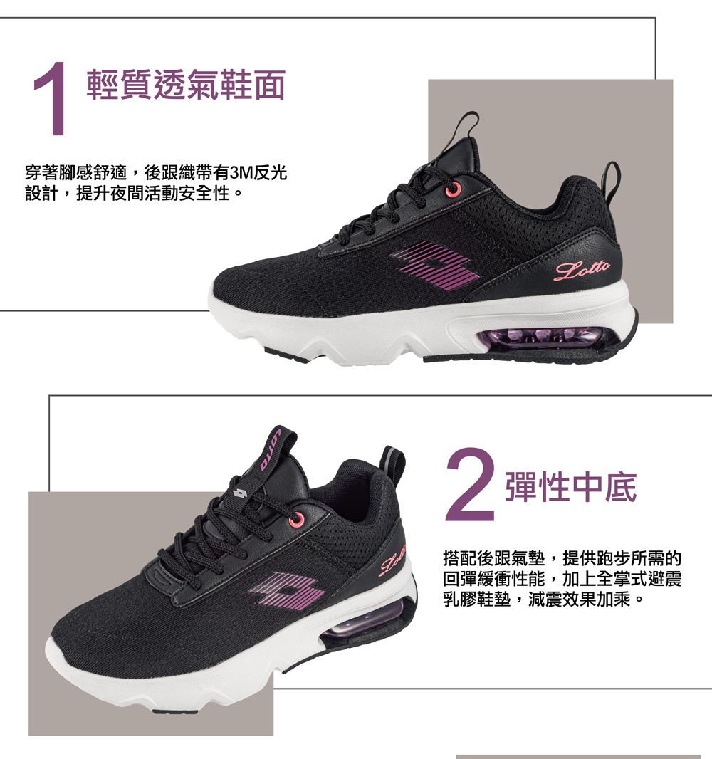 輕質透氣鞋面穿著腳感舒適,後跟織帶有3M反光設計,提升夜間活動安全性。Lotto2彈性中底搭配後跟氣墊,提供跑步所需的回彈緩衝性能,加上全掌式避震乳膠鞋墊,減震效果加乘。