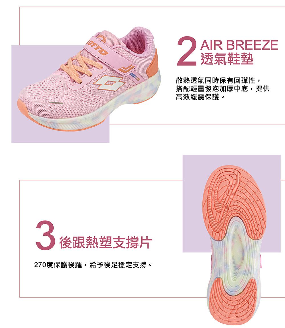 OTTO2AIR BREEZE透氣鞋墊散熱透氣同時保有回彈性,搭配輕量發泡加厚中底,提供高效緩震保護。 後跟熱塑支撐片270度保護後踵,給予後足穩定支撐。