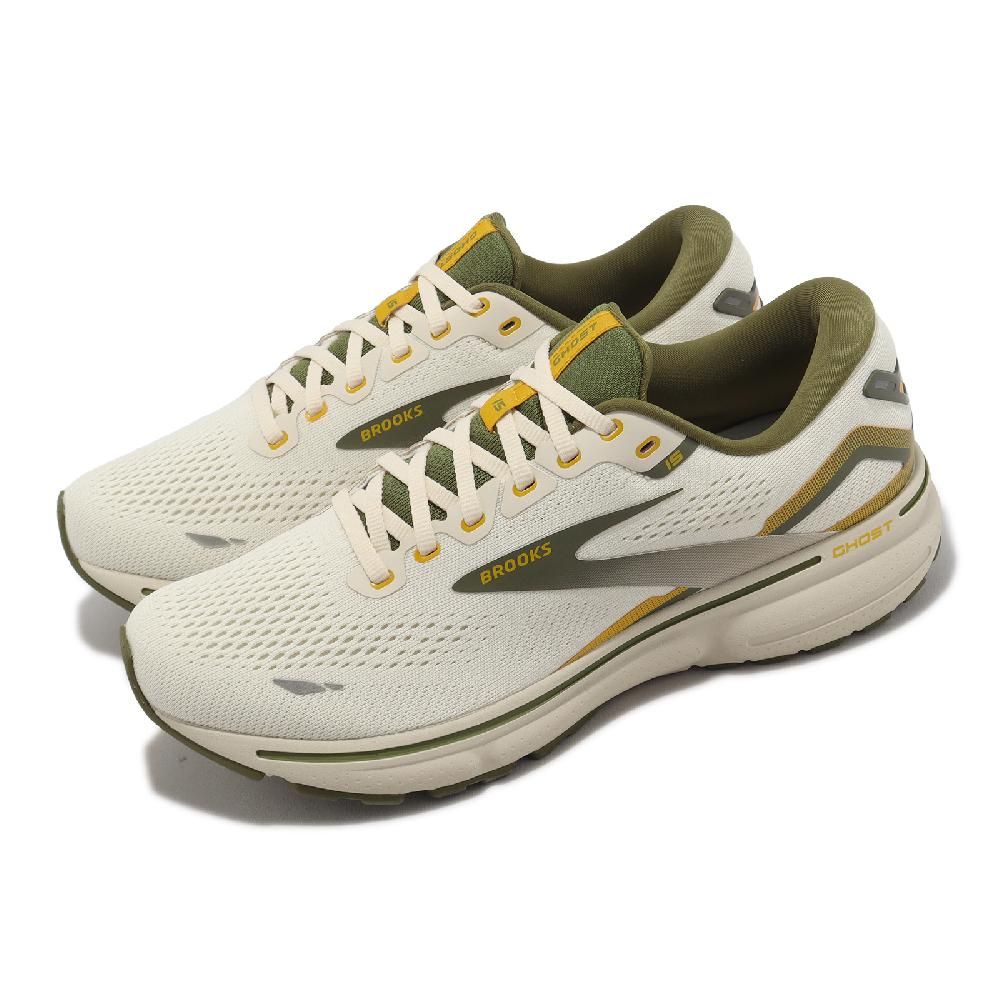 BROOKS  布魯克斯 慢跑鞋 Ghost 15 男鞋 米白 綠 魔鬼系列 緩衝 運動鞋 路跑 1103931D161