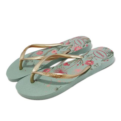 havaianas 哈瓦仕 拖鞋 Slim Organic Flip Flops 女鞋 花卉 綠 金  夾腳拖 細帶 41328231809W