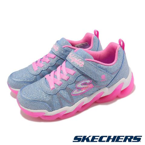 SKECHERS 休閒鞋 S Lights 童鞋 中童 藍 桃粉色 海浪 電繡 魔鬼氈 基本款 果凍底 302330LLBPK