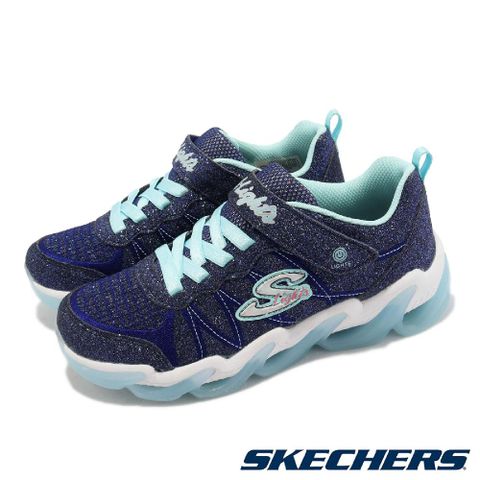 SKECHERS 休閒鞋 S Lights 童鞋 中童 深藍色 藍 海浪 電繡 魔鬼氈 基本款 果凍底 302330LNVTQ