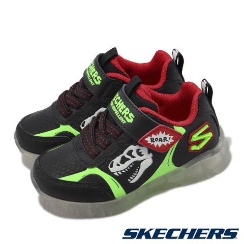 SKECHERS 斯凱奇 童鞋 S Light 小童 黑 綠 紅 恐龍 侏儸紀 幼童 燈鞋 果凍底 休閒鞋 401521NBKLM