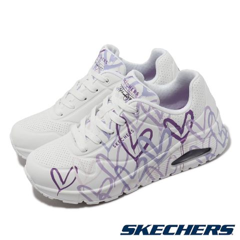 Skechers 斯凱奇 休閒鞋 Uno-Spread The Love 女鞋 白 紫 愛心 滿版 氣墊 聯名 皮革 小白鞋 155507WLPR