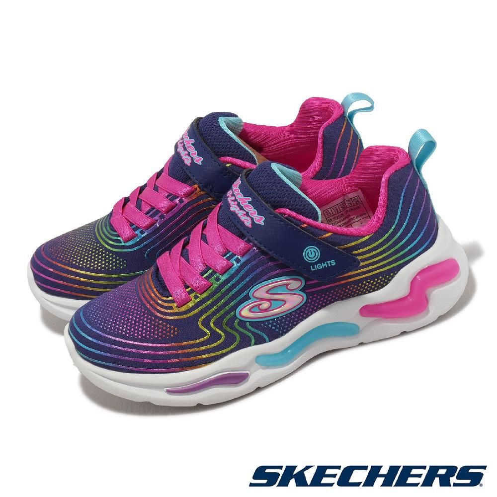 SKECHERS  斯凱奇 童鞋 S Lights-Wavy Beams 藍 彩虹 魔鬼氈 燈鞋 發光 中童 小朋友 302338LNVMT