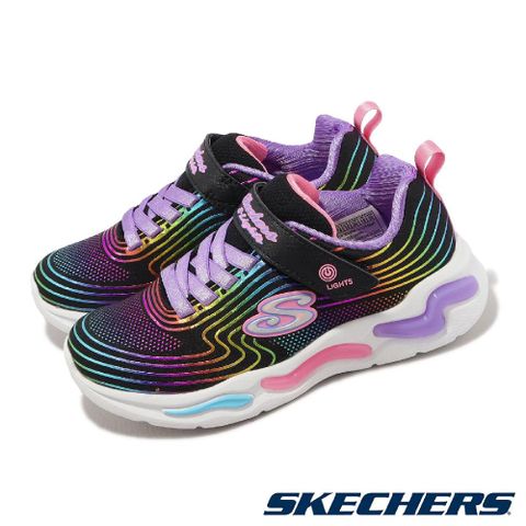 SKECHERS 斯凱奇 童鞋 S Lights-Wavy Beams 黑 彩虹 魔鬼氈 燈鞋 發光 中童 小朋友 302338LBKMT