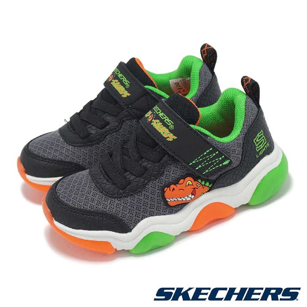 SKECHERS Skechers 斯凱奇 燈鞋 S Lights Mighty Glow 2-Dino Bolt 小童 黑 綠橘 暴龍 小朋友 403501NBKOR