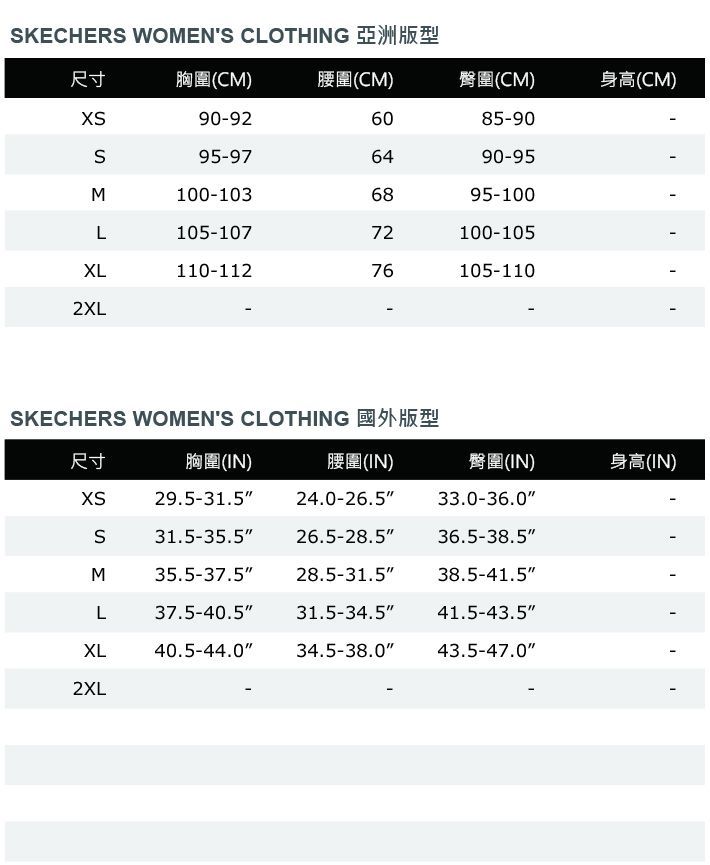 SKECHERS WOMEN'S CLOTHING尺寸胸圍(CM)腰圍(CM)臀圍(CM)身高(CM)90-926085-90SM95-976490-95100-1036895-100L105-10772100-105XL110-11276105-1102XLSKECHERS WOMEN'S CLOTHING尺寸胸圍(IN)腰圍(IN)臀圍(IN)身高(IN)29.5-31.5"24.0-26.5"33.0-36.0"S31.5-35.5"26.5-28.5"36.5-38.5"M35.5-37.5"28.5-31.5"38.5-41.5"L37.5-40.5"31.5-34.5"41.5-43.5"XL40.5-44.0"34.5-38.0"43.5-47.0"2XL