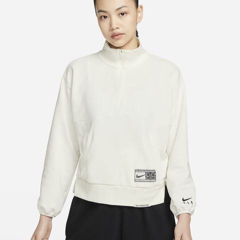 NIKE 耐吉 AS W NK SWSH FLY NOVELTY1/4zip 連帽上衣 帽T 女 米白-DX0562133