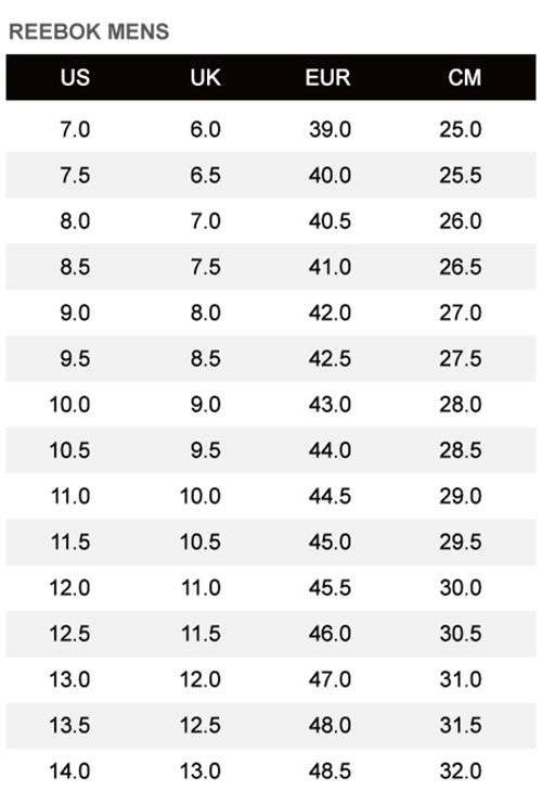 REEBOK MENSUSUKEURCM7.06.039.025.07.56.540.025.58.07.040.526.08.57.541.026.59.08.042.027.08.542.527.510.09.043.028.010.59.544.028.511.010.044.529.011.510.545.029.512.011.045.530.012.511.546.030.513.012.047.031.013.512.548.031.514.013.048.532.0