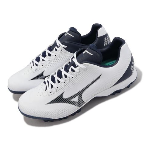 MIZUNO 美津濃 棒壘球鞋 Wave Lightrevo 寬楦 男鞋 白 藍 皮革 釘鞋 膠釘 訓練鞋 11GP2221-14