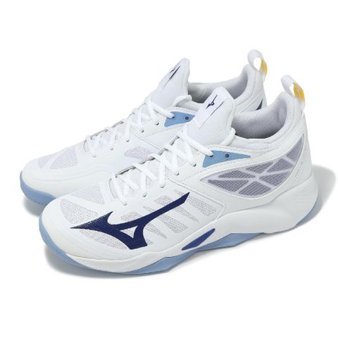 MIZUNO 美津濃 排球鞋 Wave Dimension 男鞋 白 藍 襪套 緩衝 室內運動 羽排鞋 V1GA2240-97