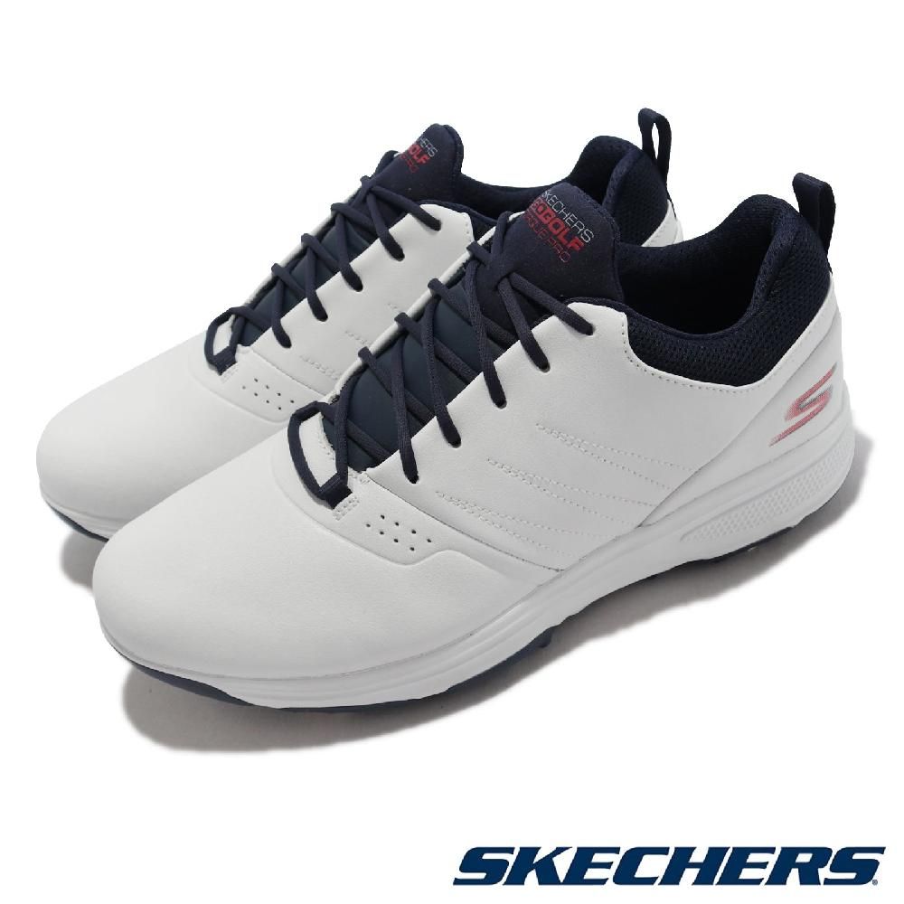 SKECHERS  高爾夫球鞋 Go Golf Torque-Pro 男鞋 防水 防滑 瑜珈鞋墊 緩衝 白 深藍 皮革 214002WNV