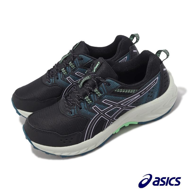 Asics 亞瑟士越野跑鞋GEL-Venture 9 D 寬楦女鞋黑紫運動鞋戶外亞瑟膠