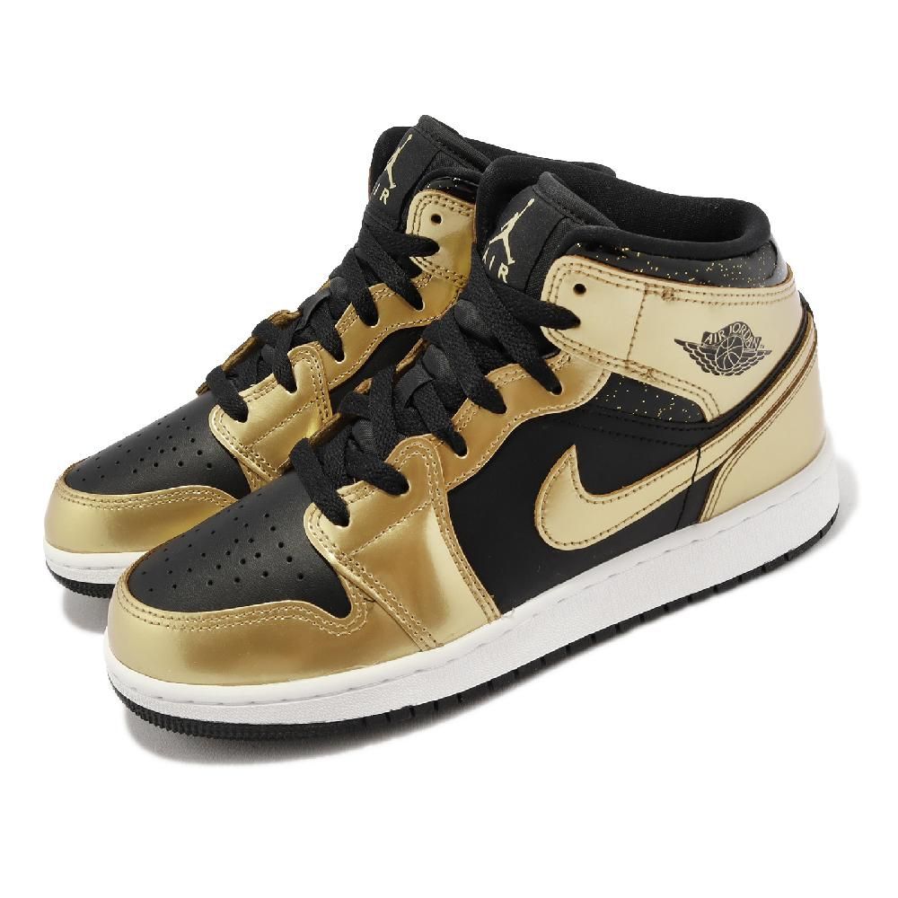 NIKE 耐吉  Air Jordan 1 Mid SE GS 大童鞋 女鞋 金 黑 漆皮 AJ1 喬丹 1代 DR6967-071