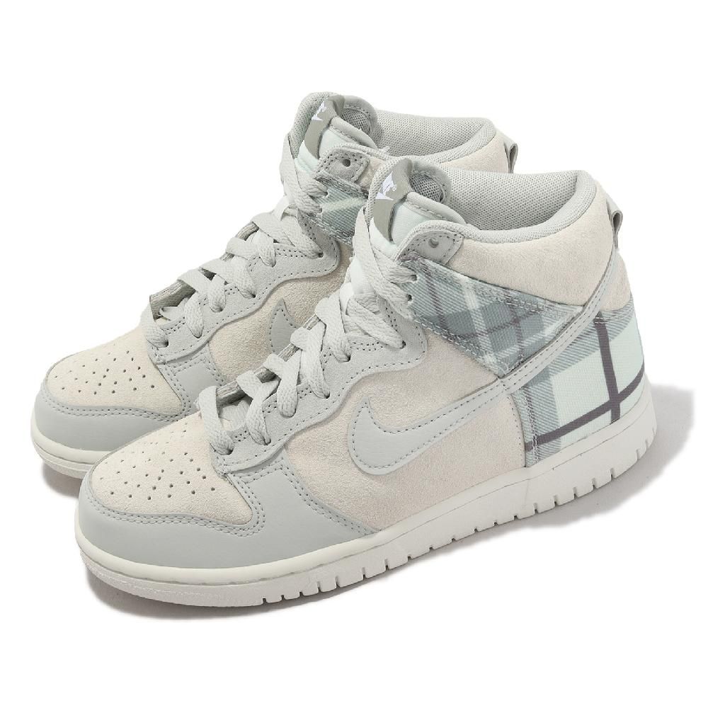 Nike 耐吉休閒鞋Dunk High SE GS 大童女鞋米白藍格紋高筒麂皮帆布