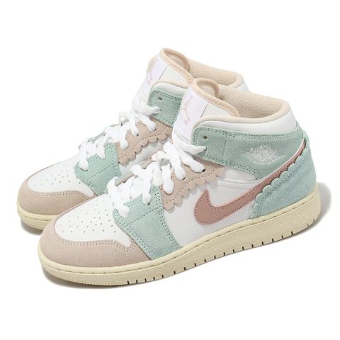 Nike 耐吉 休閒鞋 Air Jordan 1 Mid SE GS 女鞋 大童鞋 粉 綠 花邊 麂皮 AJ1 DZ5361-100