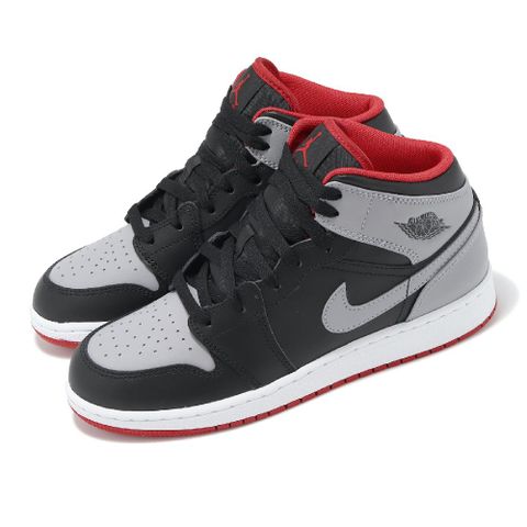 NIKE 耐吉 休閒鞋 Air Jordan 1 Mid GS 大童 女鞋 影灰 黑 AJ1 中筒 經典 皮革 DQ8423-006