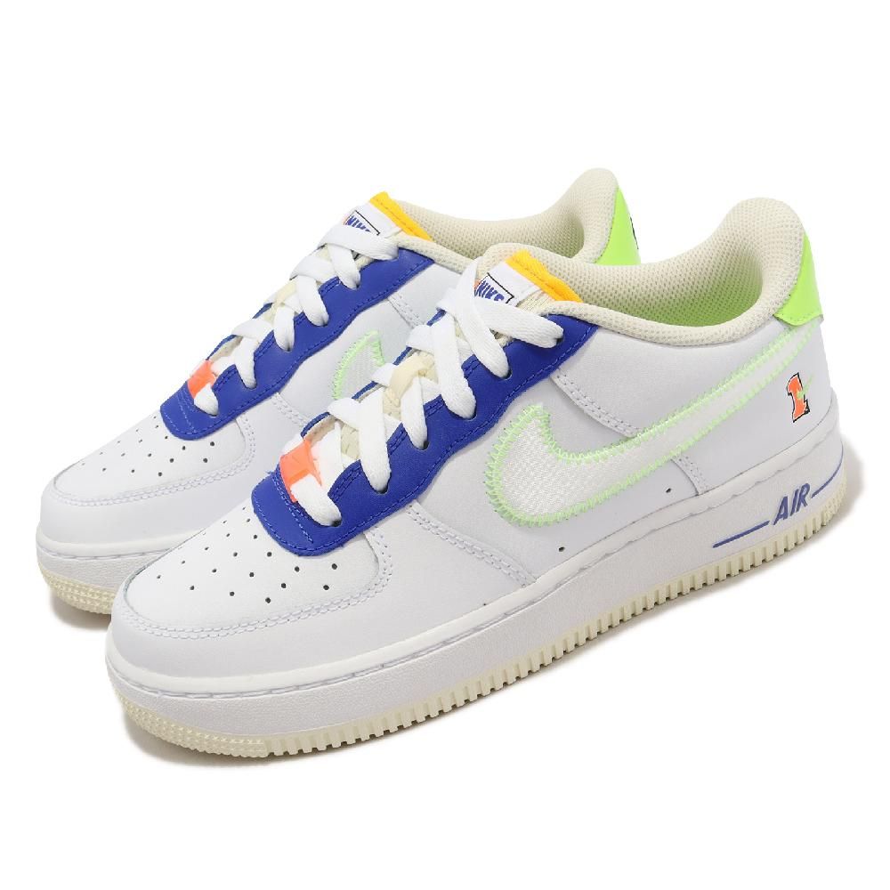 NIKE 耐吉  休閒鞋 Air Force 1 LV8 GS 大童鞋 女鞋 白 螢光黃 藍 AF1 車縫線 FB1393-111