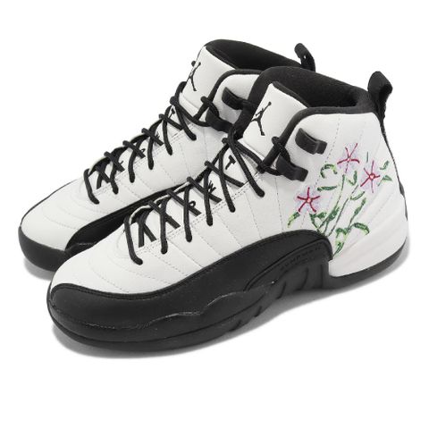 NIKE 耐吉 Air Jordan 12 Retro GS 大童鞋 女鞋 白 黑 花 緩震 Floral 刺繡 DR6956-100