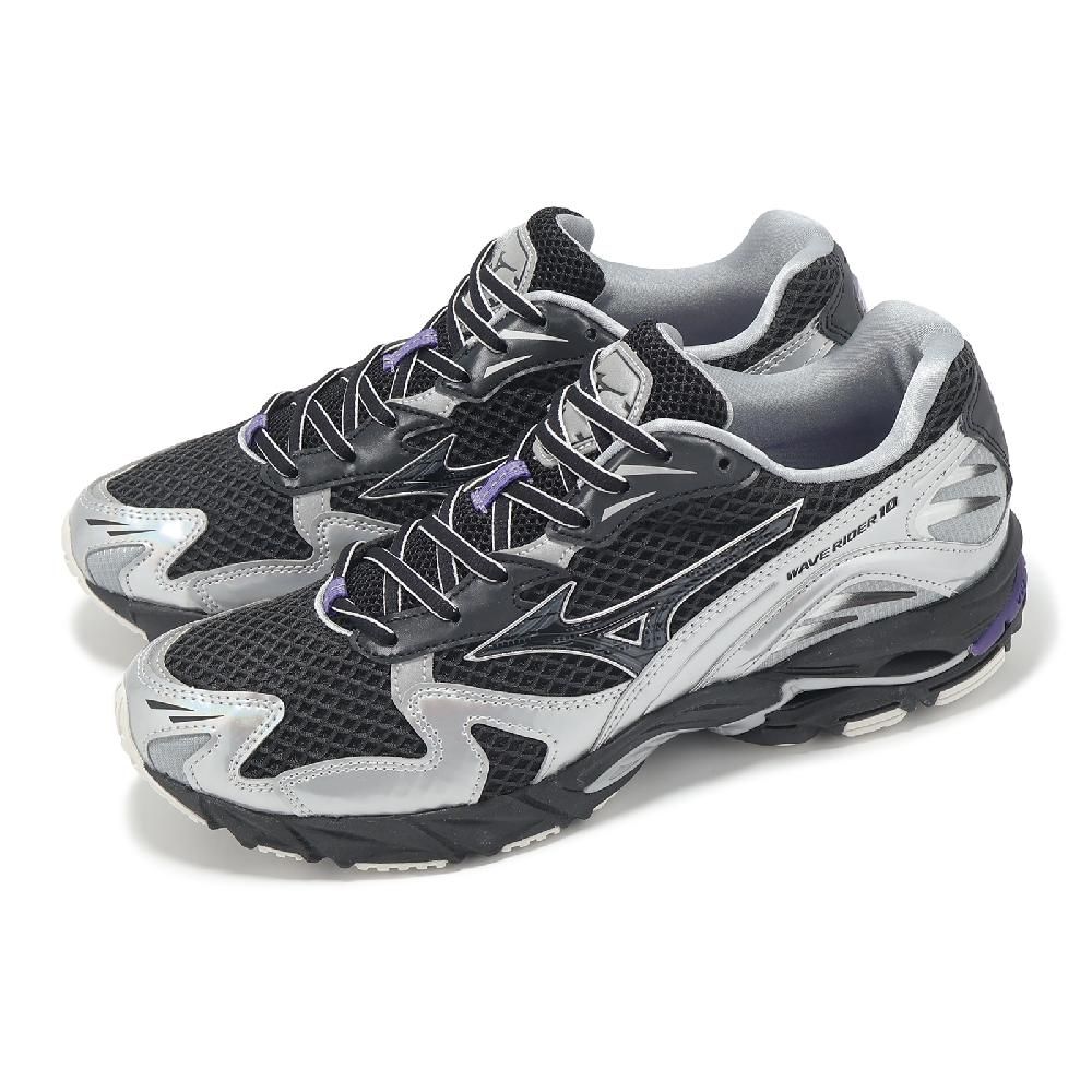 MIZUNO 美津濃 休閒鞋 Wave Rider 10 男鞋 女鞋 黑 銀 拼接 波浪片 復古跑鞋 D1GA2506-01