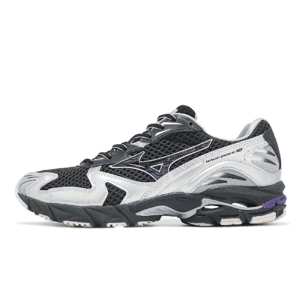 MIZUNO 美津濃 休閒鞋 Wave Rider 10 男鞋 女鞋 黑 銀 拼接 波浪片 復古跑鞋 D1GA2506-01