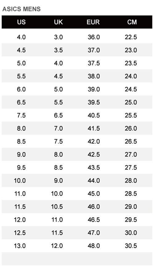 ASICS MENSUSUKEURCM4.03.036.022.54.53.537.023.05.04.037.523.55.54.538.024.06.05.039.024.56.55.539.525.07.56.540.525.58.07.041.526.08.57.542.026.59.08.042.527.09.58.543.527.510.09.044.028.011.010.045.028.511.510.546.029.012.011.046.529.512.511.547.030.013.012.048.030.5