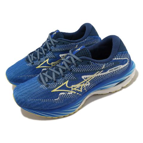 Mizuno 美津濃 慢跑鞋 Wave Rider 27 男鞋 藍 黃 阿姆斯特丹馬拉松紀念款 波浪片 運動鞋 J1GC2362-01
