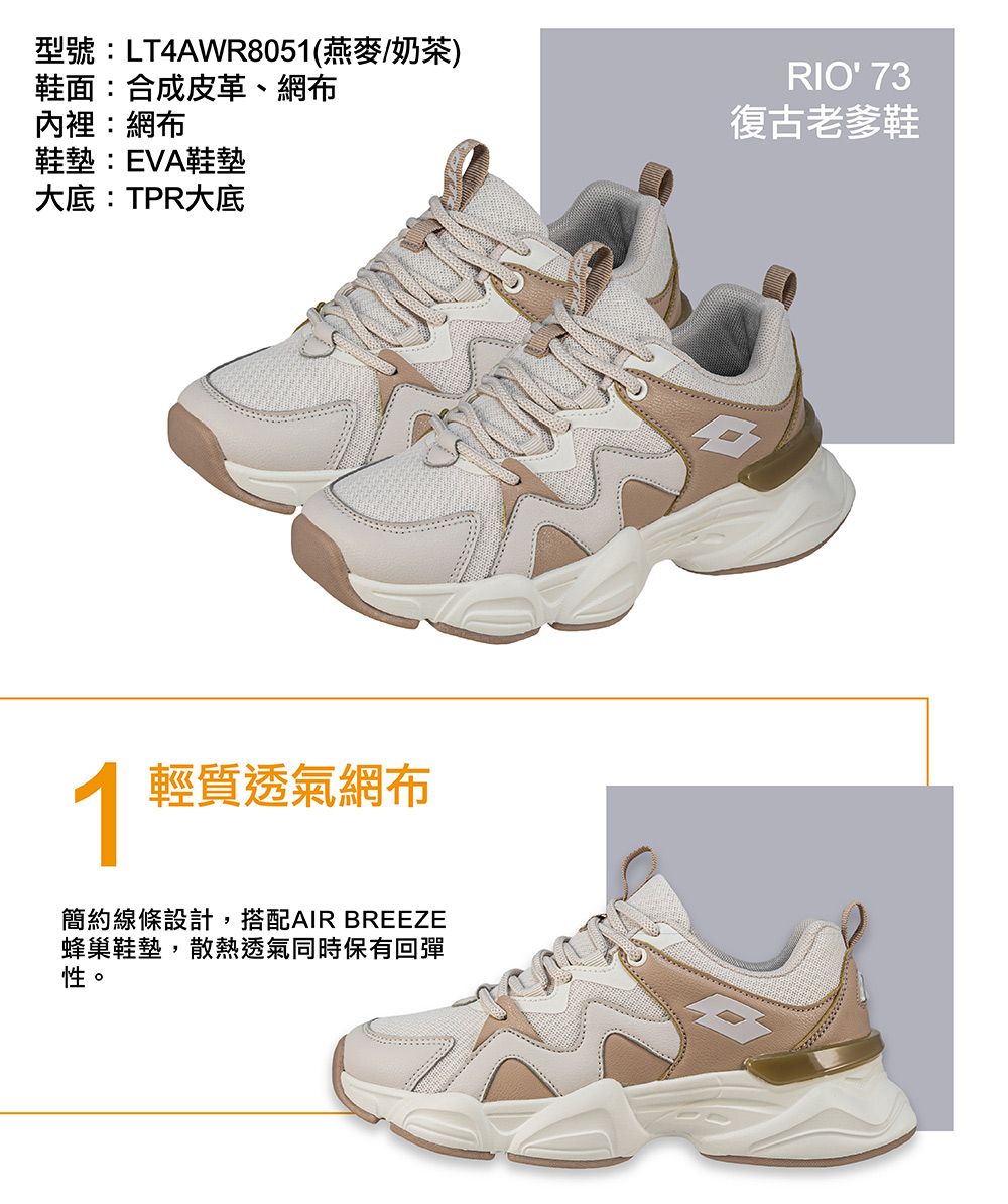 型號:LT4AWR805(燕麥/奶茶)鞋面:合成皮革、網布內裡:網布鞋墊:EVA鞋墊大底:TPR大底RIO 73復古老爹鞋1 輕質透氣網布簡約線條設計,搭配AIR BREEZE蜂巢鞋墊,散熱透氣同時保有回彈性