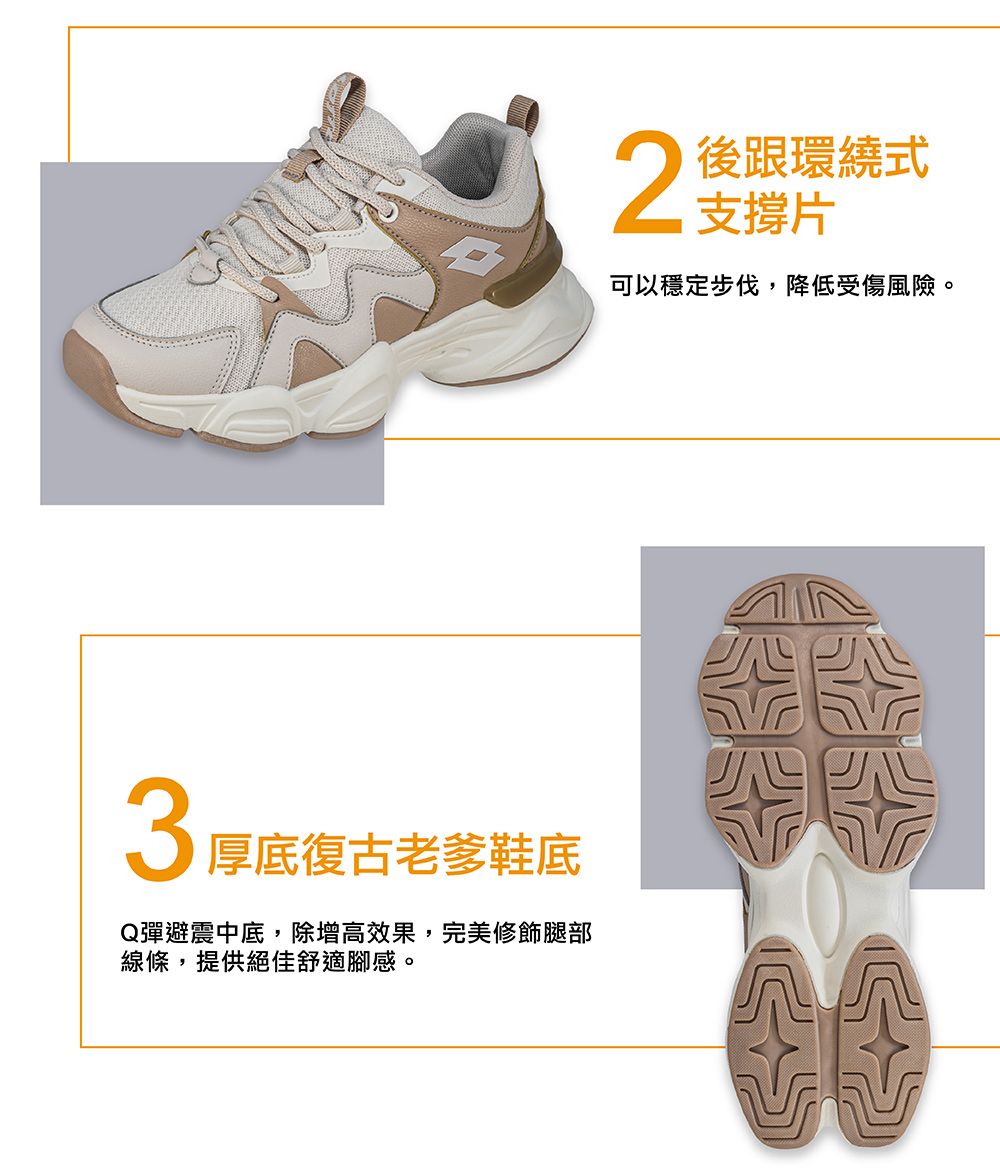 後跟環繞式支撐片可以穩定步伐,降低受傷風險。3 厚底復古老爹鞋底Q彈避震中底,除增高效果,完美修飾腿部線條,提供絕佳舒適腳感。