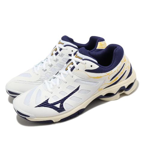 Mizuno 排球鞋 Wave Voltage 男鞋 白 藍 羽桌球鞋 波浪片 運動鞋 美津濃 V1GA2160-43