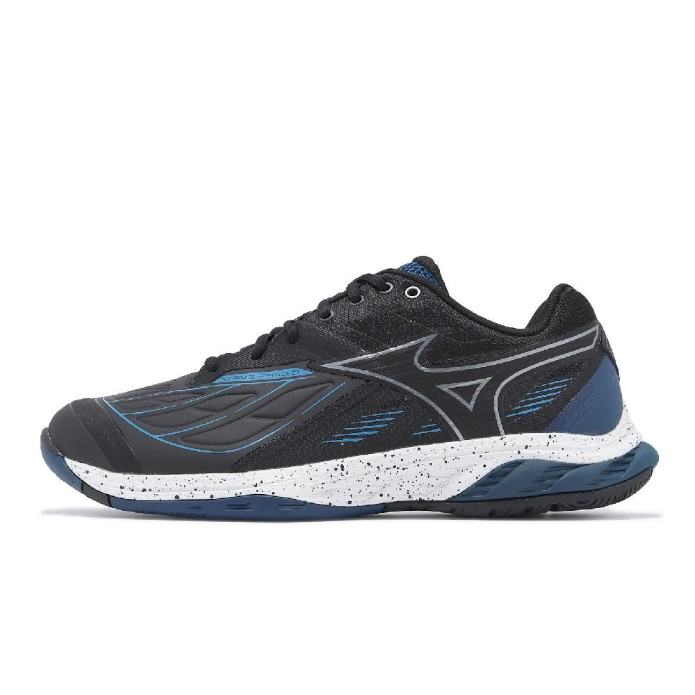 MIZUNO 美津濃   羽球鞋 Wave Fang 2 Wide 男鞋 寬楦 黑 藍 回彈 襪套 室內運動 運動鞋 71GA2313-12