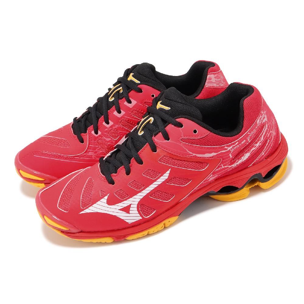 MIZUNO 美津濃   排球鞋 Wave Voltage 男鞋 紅 橘 黑 輕量 波浪片 避震 室內運動 運動鞋 V1GA2160-02