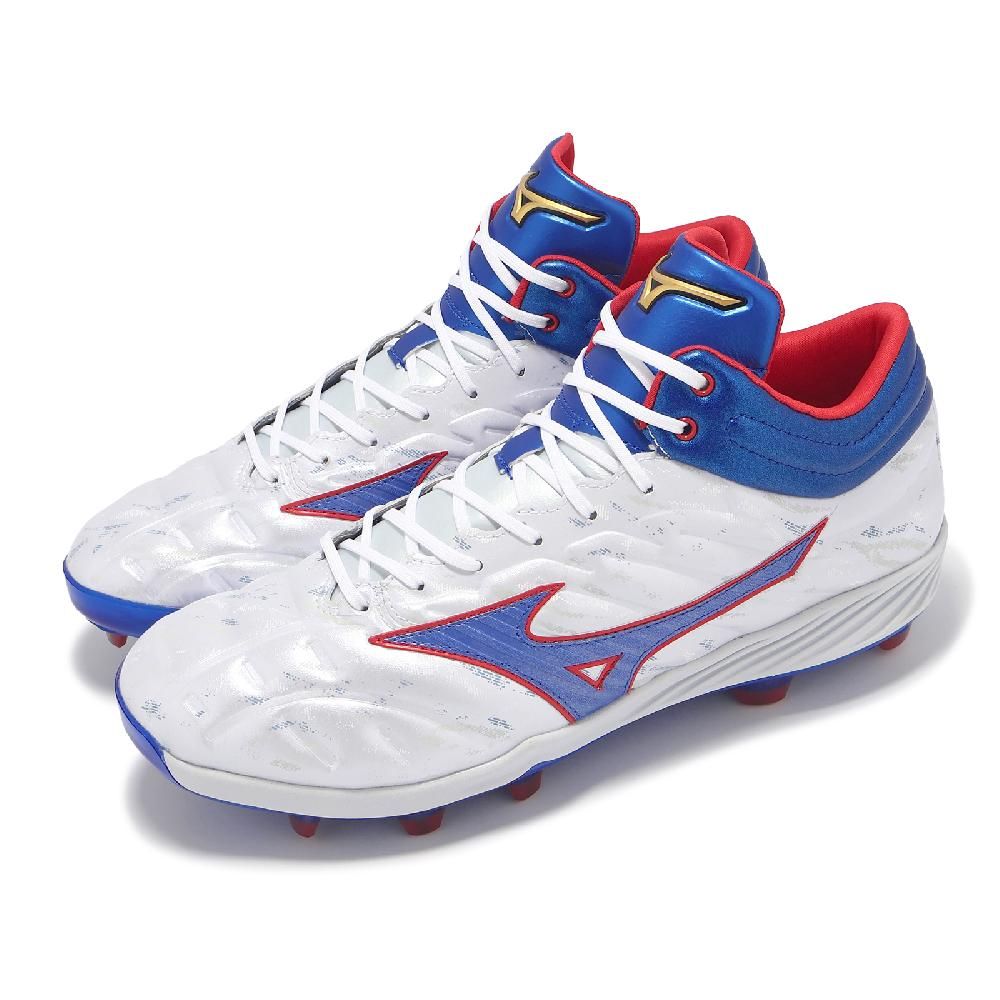 MIZUNO 美津濃   棒壘球鞋 Cushionrevo Pro Mid TPU 男鞋 白藍 皮革 中筒 運動鞋 11GP2435-65