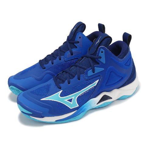 Mizuno 美津濃 排球鞋 Wave Momentum 3 Mid 男鞋 藍 白 高筒 襪套 室內運動 羽排鞋 V1GA2317-01