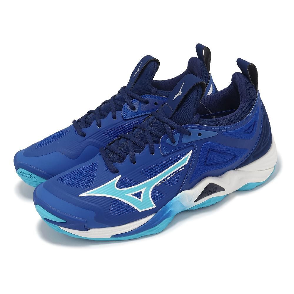 MIZUNO 美津濃   排球鞋 Wave Momentum 3 男鞋 藍 白 襪套 緩衝 室內運動 羽排鞋 V1GA2312-01