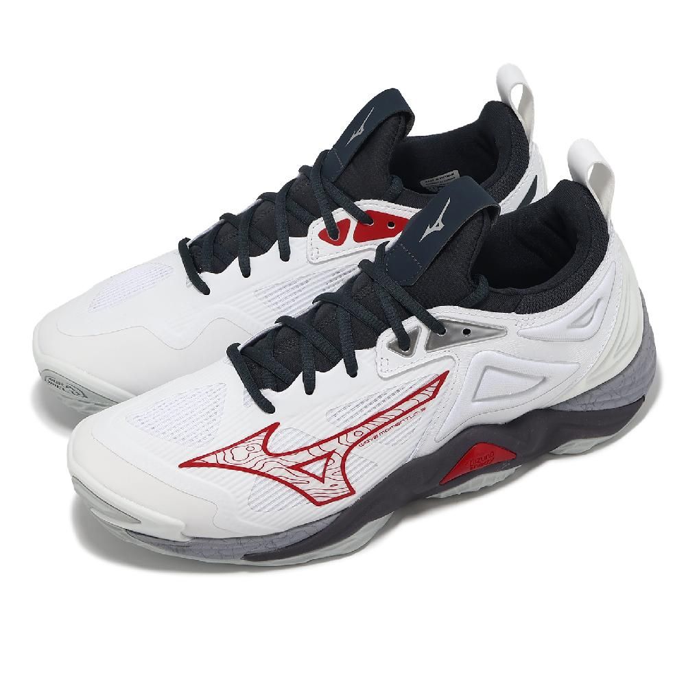 MIZUNO 美津濃   排球鞋 Wave Momentum 3 男鞋 白 紅 襪套 緩衝 室內運動 羽排鞋 V1GA2312-96