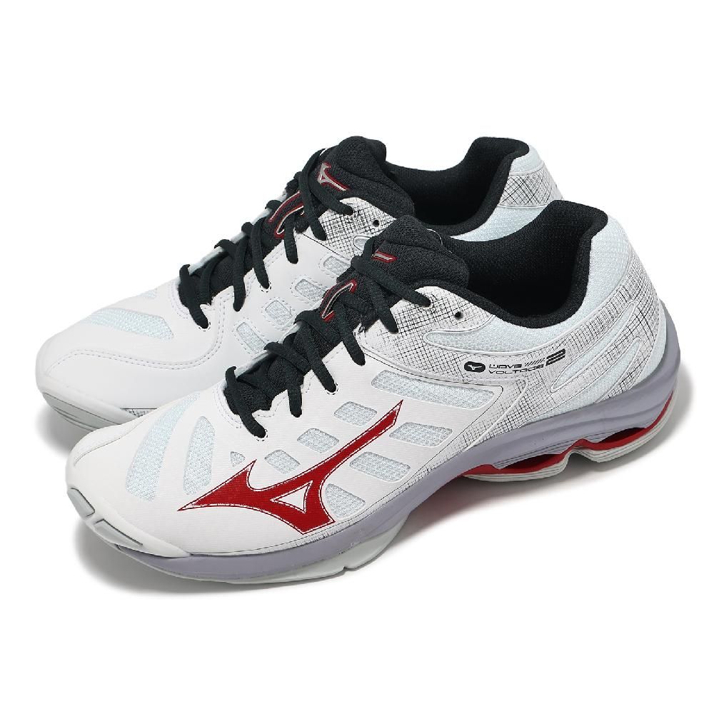 MIZUNO 美津濃   排球鞋 Wave Voltage 2 男鞋 白 紅 波浪片 室內運動 羽排鞋 V1GA2460-21