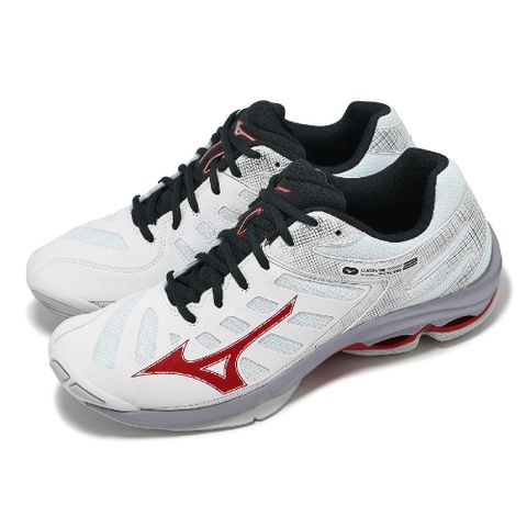 MIZUNO 美津濃 排球鞋 Wave Voltage 2 男鞋 白 紅 波浪片 室內運動 羽排鞋 V1GA2460-21