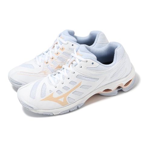 MIZUNO 美津濃 排球鞋 Wave Voltage 女鞋 白 橘 波浪片 穩定 室內運動 羽排鞋 V1GC2160-00