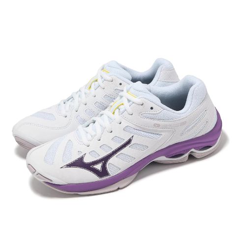 MIZUNO 美津濃 排球鞋 Wave Voltage 2 女鞋 白 紫 波浪片 輕量 回彈 室內運動 羽排鞋 V1GC2460-35