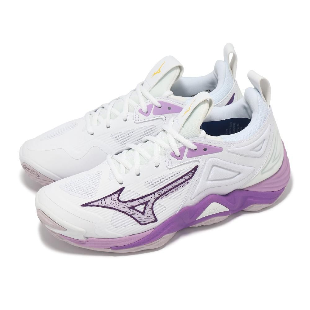 MIZUNO 美津濃   排球鞋 Wave Momentum 3 女鞋 白 紫 緩衝 襪套 室內運動 羽排鞋 V1GC2312-10