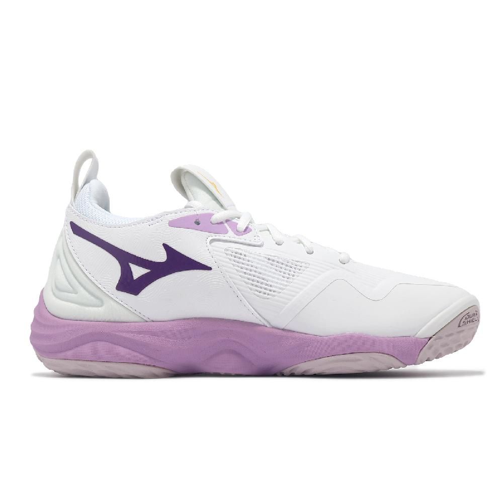 MIZUNO 美津濃   排球鞋 Wave Momentum 3 女鞋 白 紫 緩衝 襪套 室內運動 羽排鞋 V1GC2312-10