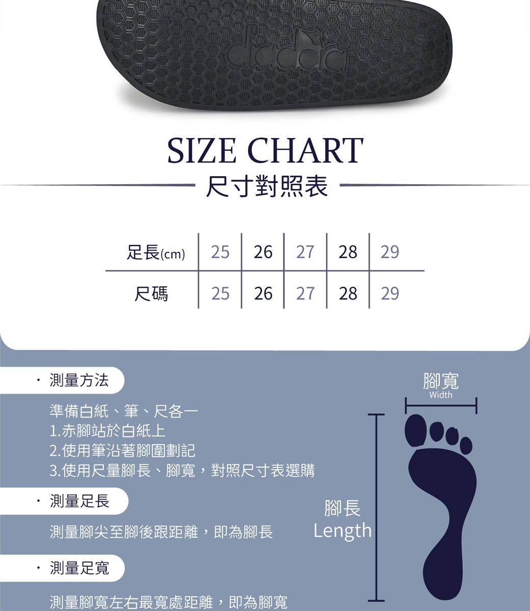 SIZE CHART尺寸對照表足長(cm) 26 28 2尺碼2525 262727282929測量方法準備白紙、筆、尺各一1 赤腳站於白紙上2.使用筆沿著腳圍劃記3.使用尺量腳長、腳寬,對照尺寸表選購測量足長測量腳尖至腳後跟距離,即為腳長腳長Length.測量足寬測量腳寬左右最寬處距離,即為腳寬腳寬Width