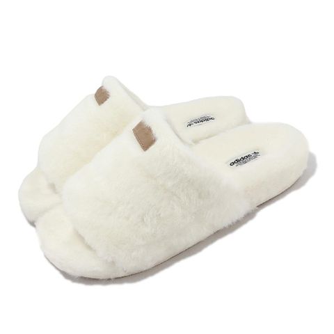毛毛拖鞋 Adilette Essential W 女鞋 白 全白 毛絨絨 保暖 三葉草 IF3965