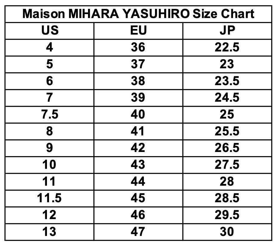 Maison MIHARA YASUHIRO Size ChartUSEUJP43622.55372363823.573924.57.5402584125.594226.5104327.511442811.54528.5124629.5134730